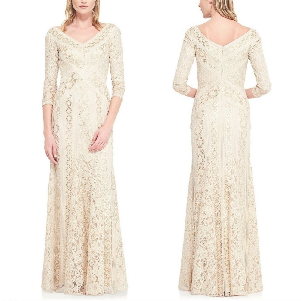 NWT Elegant Tadashi Shoji Tatiana Sequin Lace Gown in Beige/Champage Size 4 - Picture 5 of 10